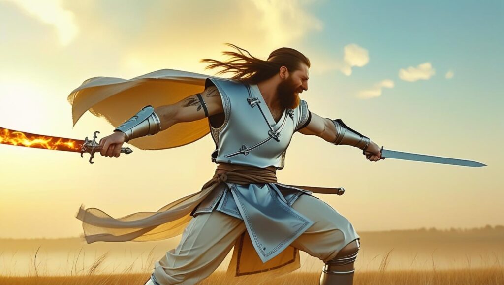 based on this image I need a full view of this warrior with flaming sword. use this image character as much as possibles. featuring a front view with sword swinging and long hair flowing.